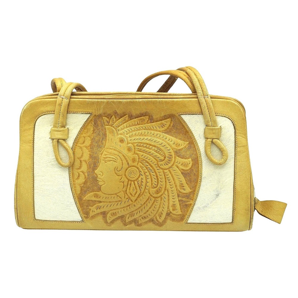 Western Vintage Hand Tooled Leather Shoulder Bag Women Medium Tan Aztec Cowhide